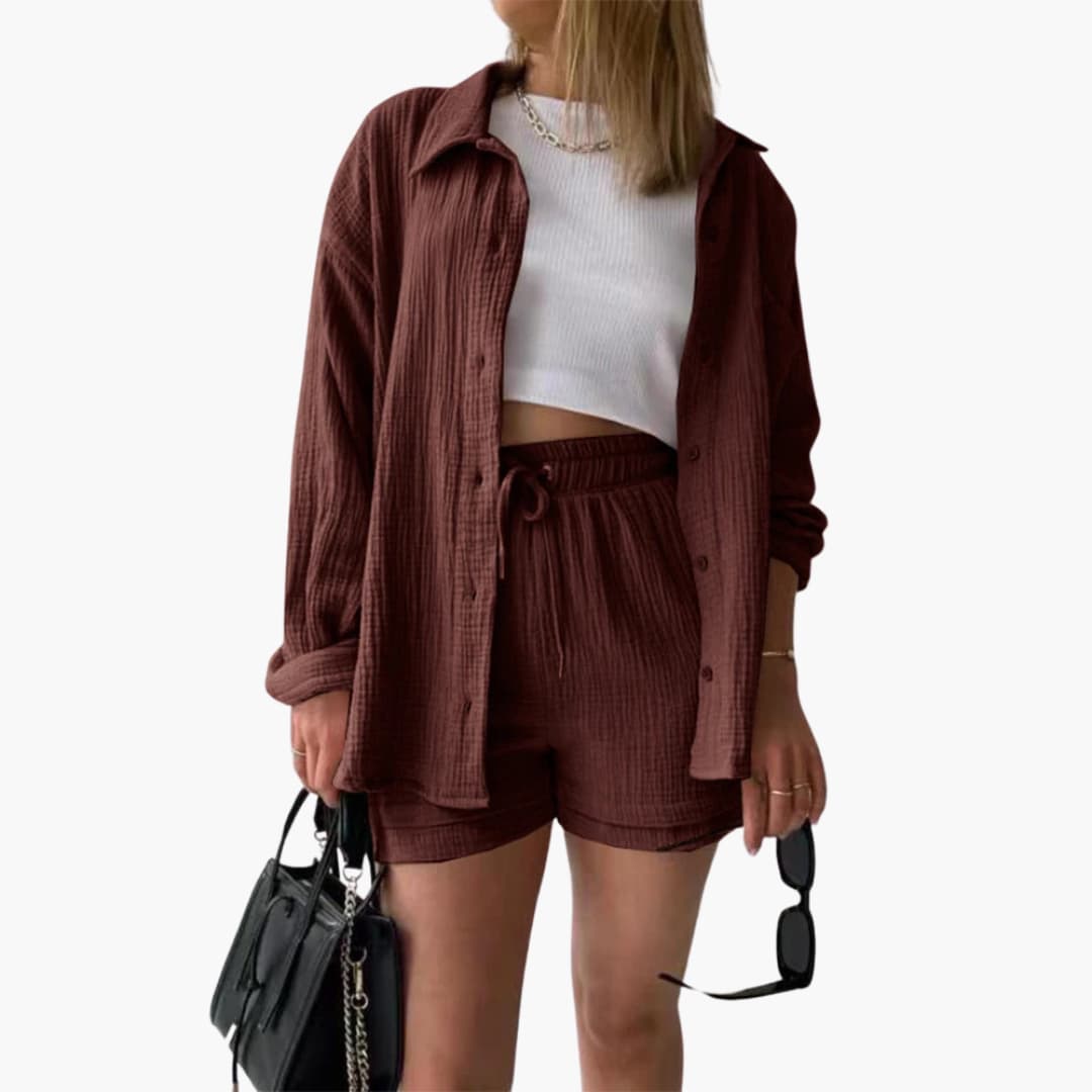 Lara™ - Bekväm Lös Button Top Och Kort 2-delat Set