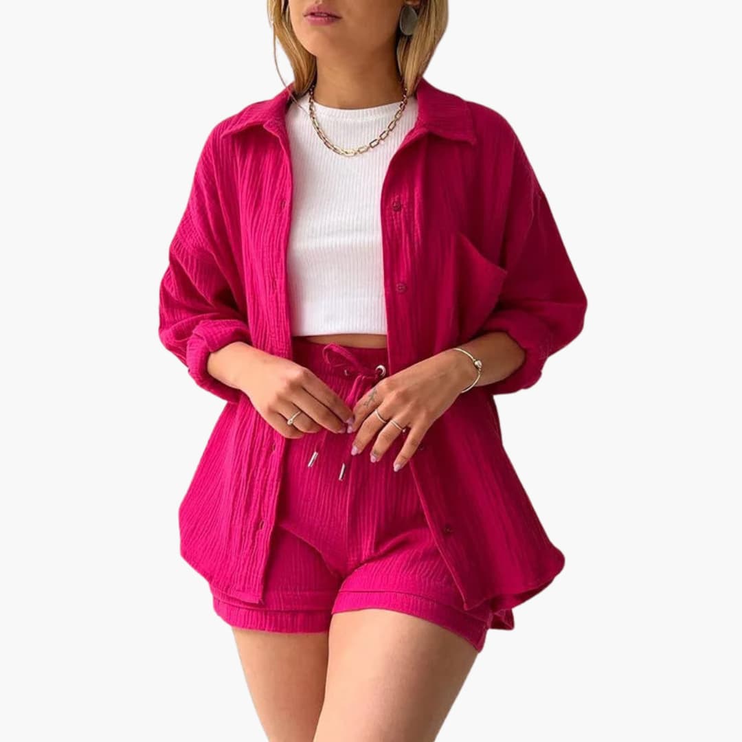 Lara™ - Bekväm Lös Button Top Och Kort 2-delat Set