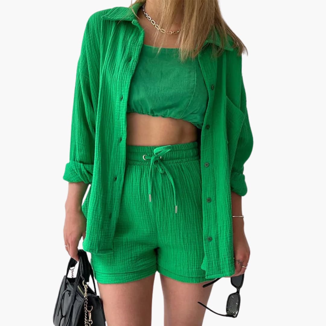 Lara™ - Bekväm Lös Button Top Och Kort 2-delat Set