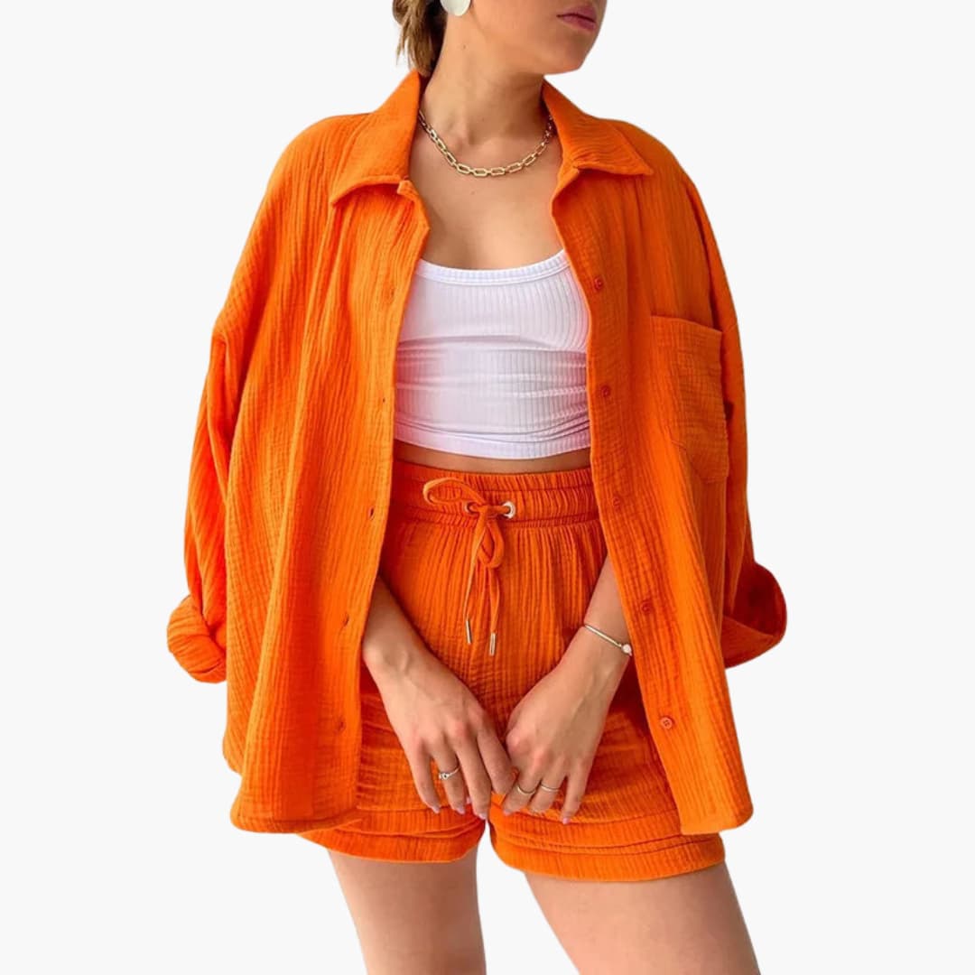 Lara™ - Bekväm Lös Button Top Och Kort 2-delat Set