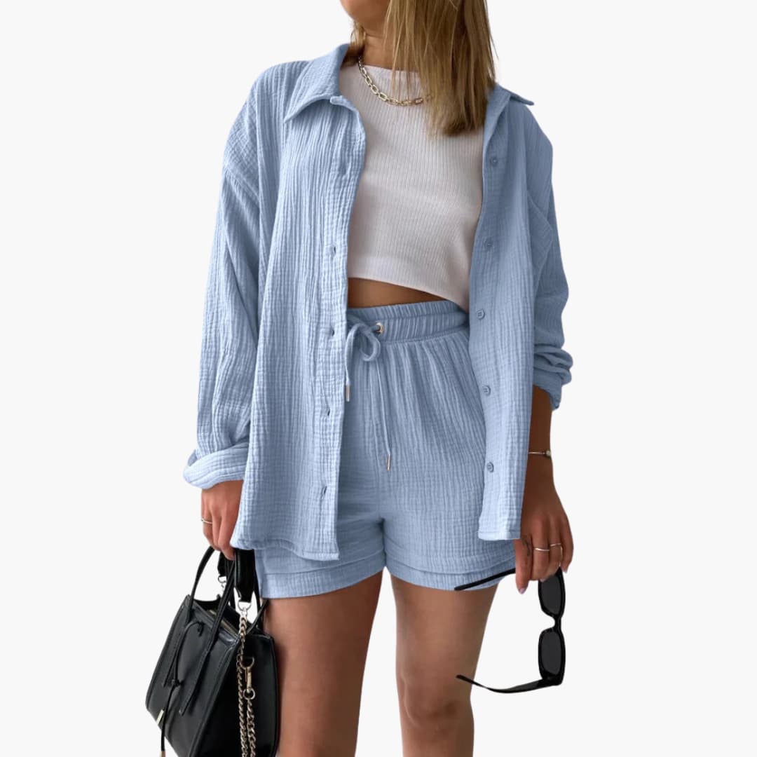 Lara™ - Bekväm Lös Button Top Och Kort 2-delat Set