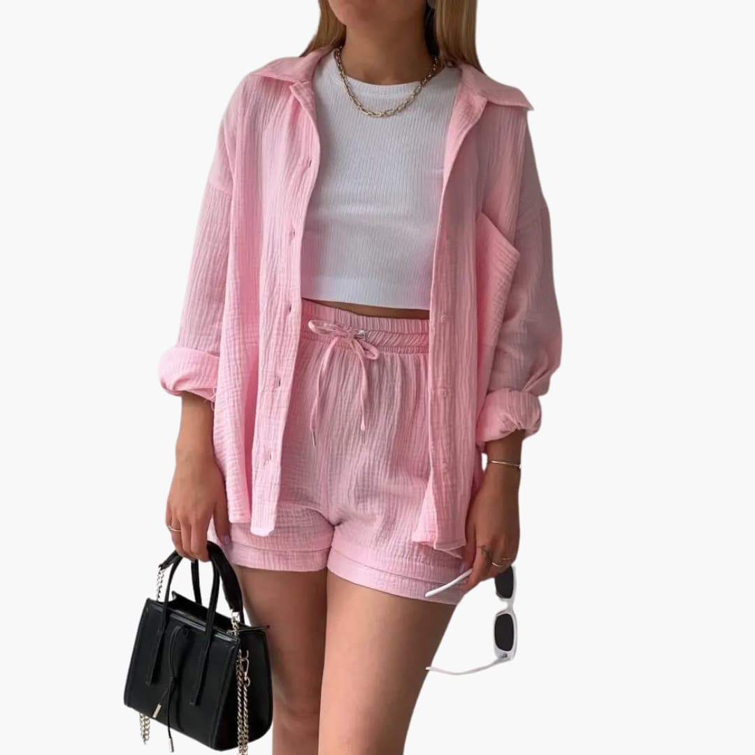 Lara™ - Bekväm Lös Button Top Och Kort 2-delat Set