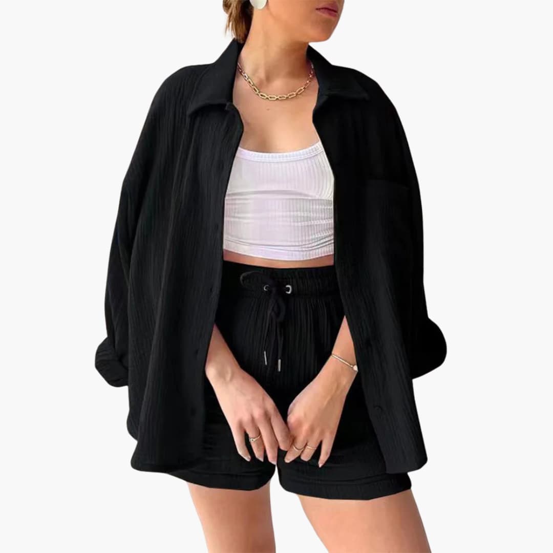 Lara™ - Bekväm Lös Button Top Och Kort 2-delat Set