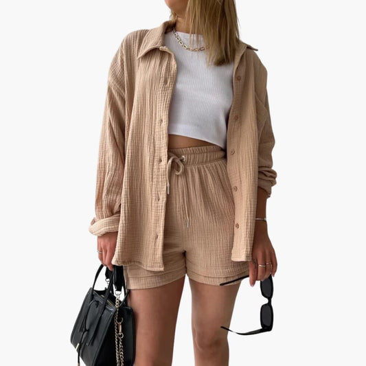 Lara™ - Bekväm Lös Button Top Och Kort 2-delat Set