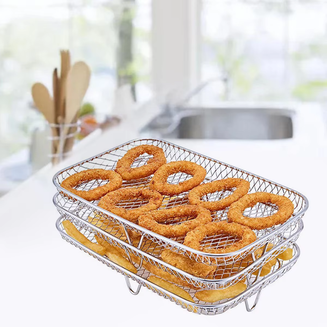 TriRack™ - 3-lagers Rostfria Stålställ För Airfryer Med GRATIS Mattång